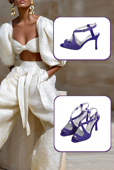 Women's violet purple and amethyst purple elegant cross straps sandals. Round toe. High slim heel - Worn view
